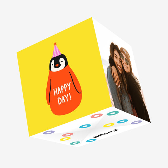 Happy Day! Cute Penguin Yellow Confetti-exploding Greetings Card