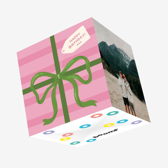 Happy Birthday Green Present Ribbon Confetti-exploding Greetings Card