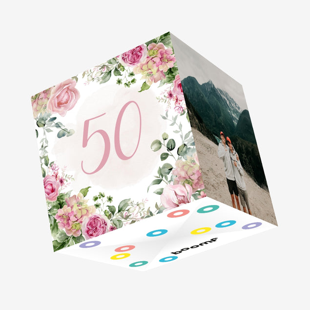 50th Exploding 50th Birthday Pink Flowers Confetti-exploding Greetings Card – Boomf