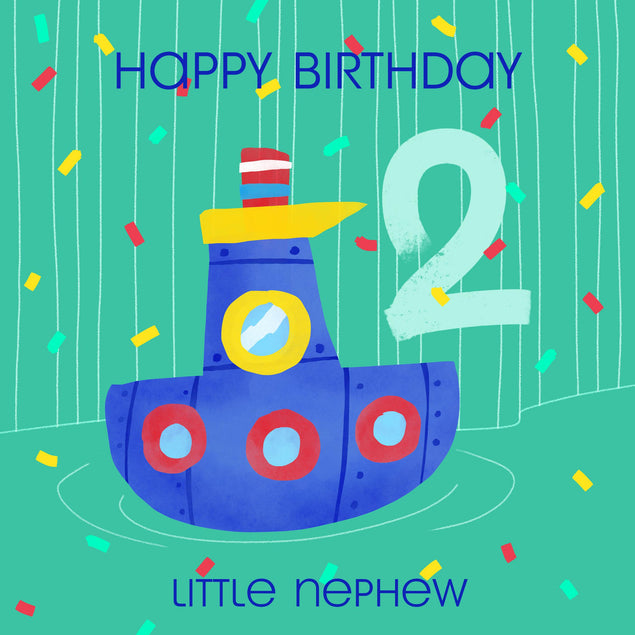 Cute Little Boat Happy 2nd Birthday Nephew Confetti-exploding Greetings Card