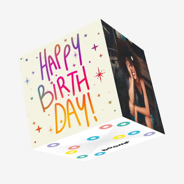 Happy Birthday! Colourful Letters And Sparkles Confetti-exploding Greetings Card