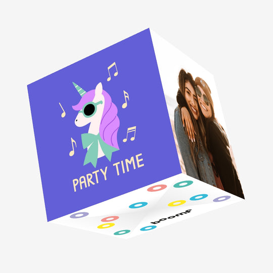 Party Time Unicorn Birthday Blue Confetti-exploding Greetings Card