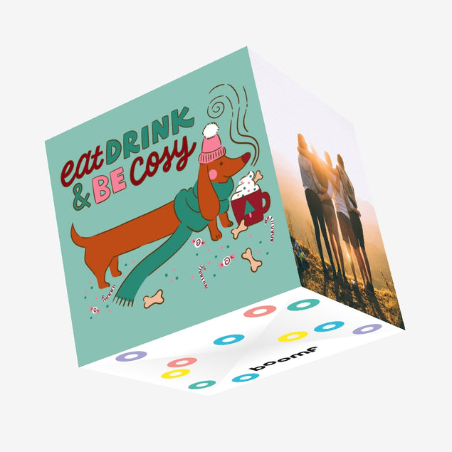 Eat Drink And Be Cosy Dachshund Christmas Confetti-exploding Greetings Card
