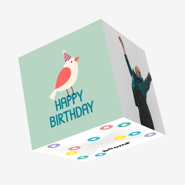 Happy Birthday Party Bird Light Green Confetti-exploding Greetings Card