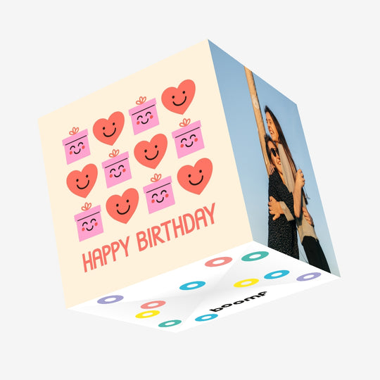 Happy Birthday Hearts And Presents Beige Confetti-exploding Greetings Card