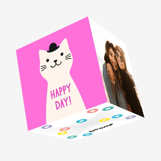 Happy Day Cute Cat Pink Confetti-exploding Greetings Card