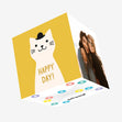 Happy Day! Cute Cat In A Hat Yellow Congratulations Confetti-exploding Greetings Card