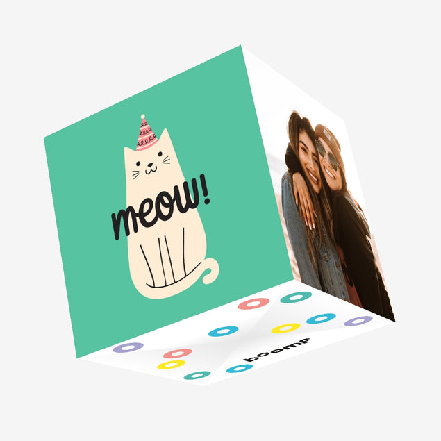 Meow Cat Birthday Green Confetti-exploding Greetings Card
