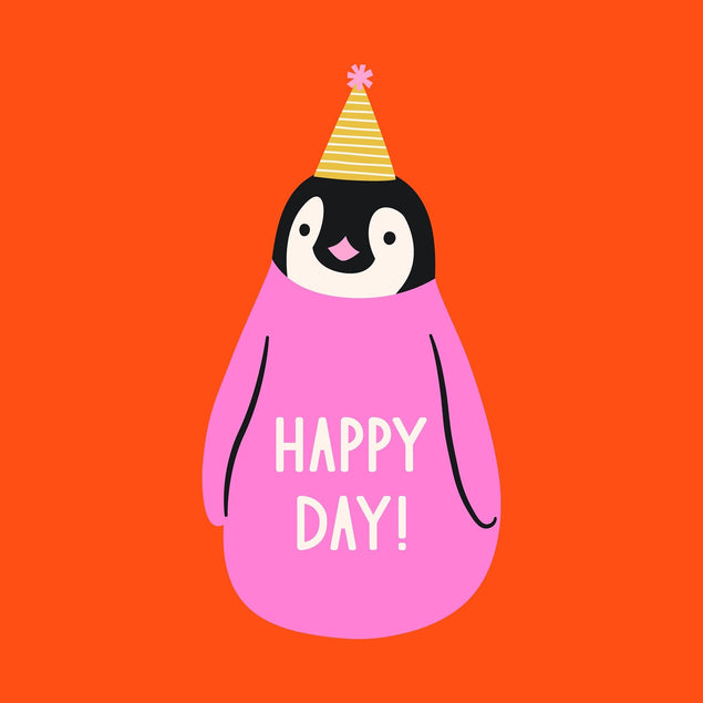 Happy Day Penguin Birthday Red Confetti-exploding Greetings Card