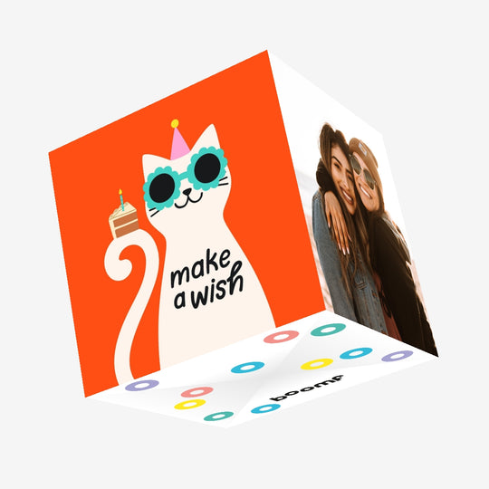 Make A Wish Cool Cat With A Cake Slice Birthday Confetti-exploding Greetings Card
