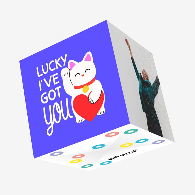 Lucky I've Got You Maneki Neko Blue Confetti-exploding Greetings Card