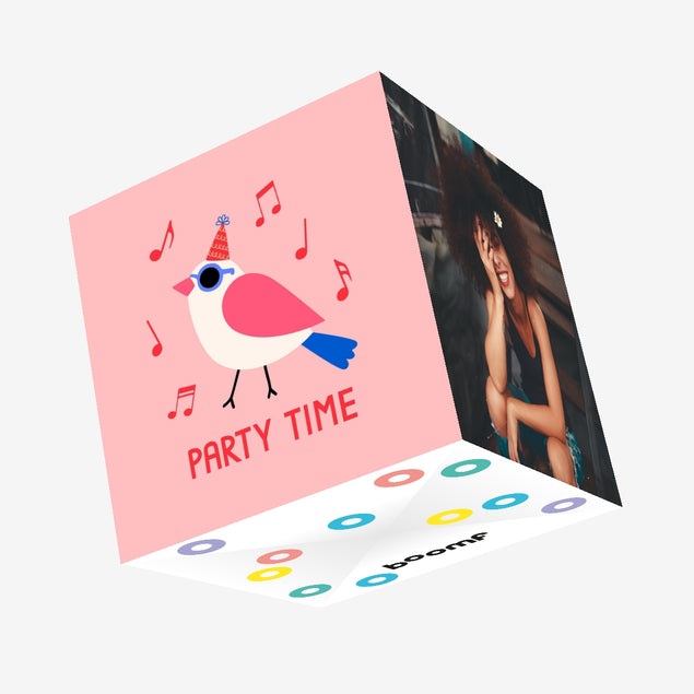 Party Time Bird Birthday Pink Confetti-exploding Greetings Card