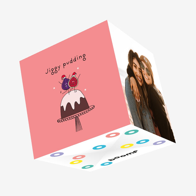 Funny Cartoon Christmas pudding pun inspired Christmas for him for her for friends for family for figgy pudding fans Confetti-exploding Greetings Card