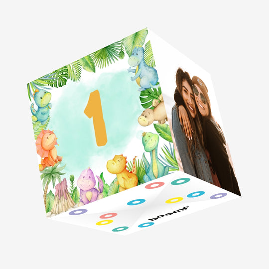 1st Birthday Cute Baby Dinosaurs Confetti-exploding Greetings Card