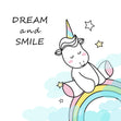 Dream And Smile Unicorn Sitting On The Rainbow Confetti-exploding Greetings Card