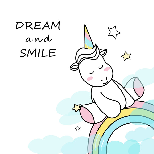 Dream And Smile Unicorn Sitting On The Rainbow Confetti-exploding Greetings Card