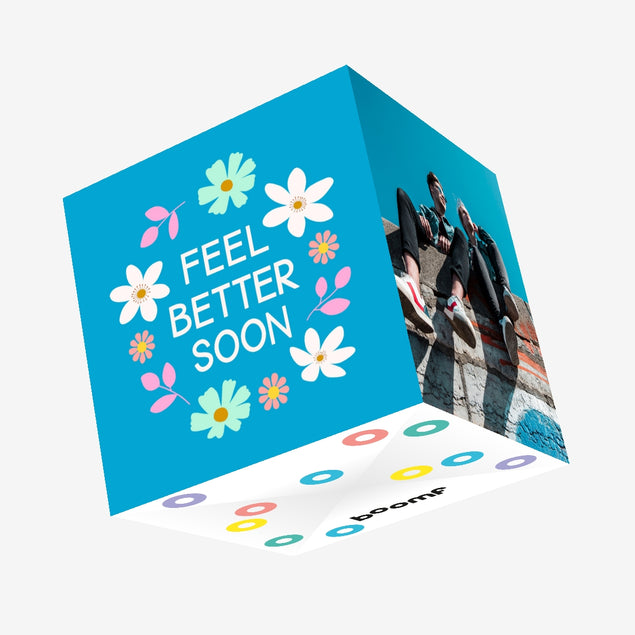 Feel Better Soon Flower Garland Blue Confetti-exploding Greetings Card