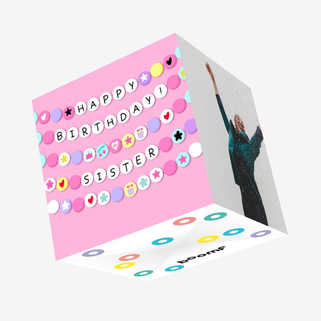 Happy Birthday Sister Cute Pink Confetti-exploding Greetings Card