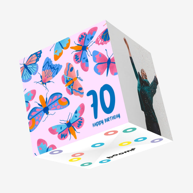 Delicate Pink Butterfly 70th Birthday Confetti-exploding Greetings Card