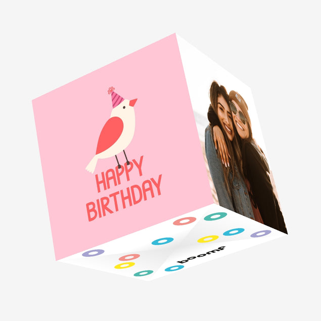 Happy Birthday Party Bird Pink Confetti-exploding Greetings Card