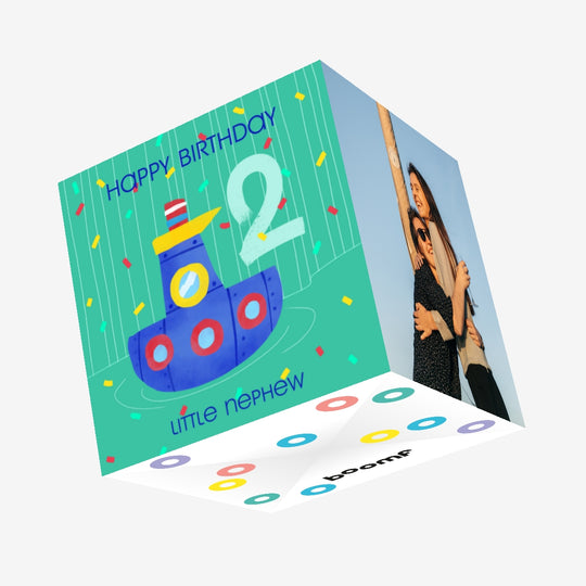 Cute Little Boat Happy 2nd Birthday Nephew Confetti-exploding Greetings Card