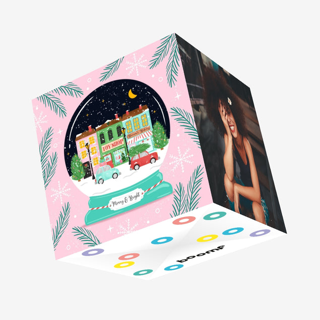 Merry And Bright Chrismas Town Snow Globe Confetti-exploding Greetings Card