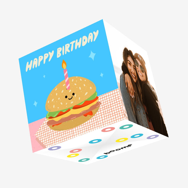 Cute Burger Cake Happy Birthday Confetti-exploding Greetings Card