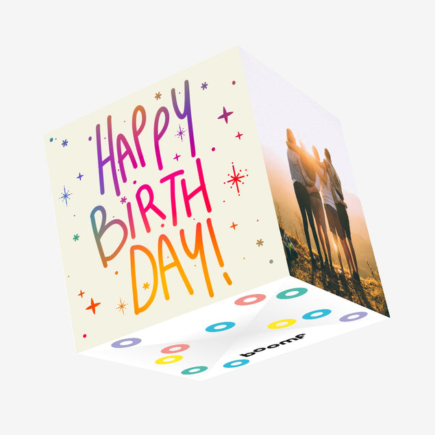 Happy Birthday! Colourful Letters And Sparkles Confetti-exploding Greetings Card