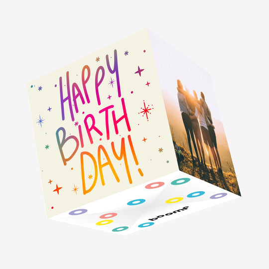Happy Birthday! Colourful Letters And Sparkles Confetti-exploding Greetings Card