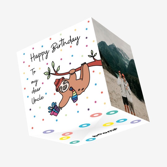 Happy Birthday Uncle Sloth With A Gift Hanging On A Tree Confetti-exploding Greetings Card