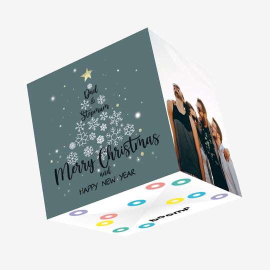Mery Christmas And Happy New Year Dad And Stepmum Christmas Tree Made Of Snowflakes Confetti-exploding Greetings Card