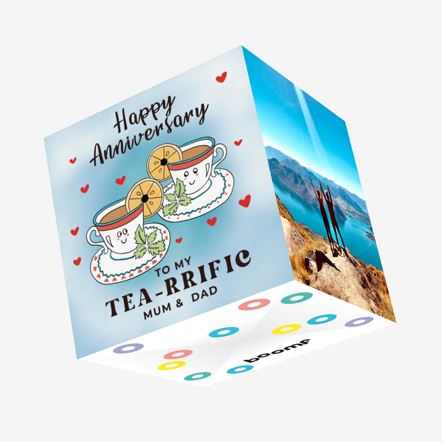 My Tea-riffic Parents Happy Anniversary Confetti-exploding Greetings Card