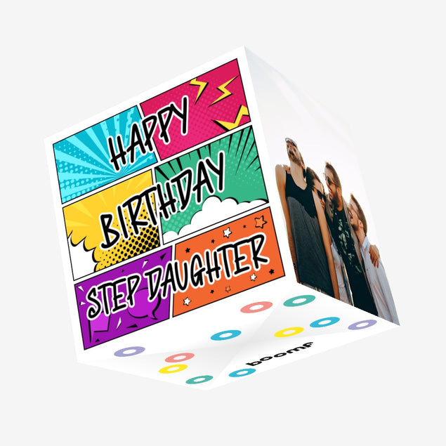 Happy Birthday Stepdaughter Comic Strip Confetti-exploding Greetings Card