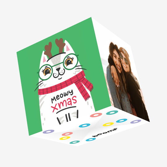 Meowy Christmas White Cat Confetti-exploding Greetings Card