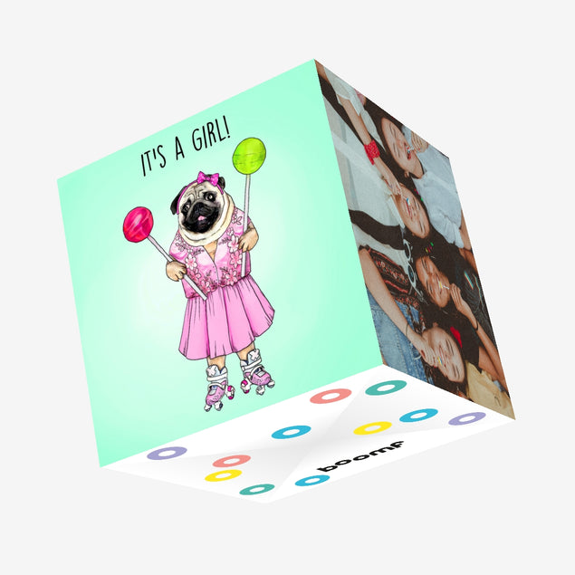 It's A Girl! Pug Confetti-exploding Greetings Card