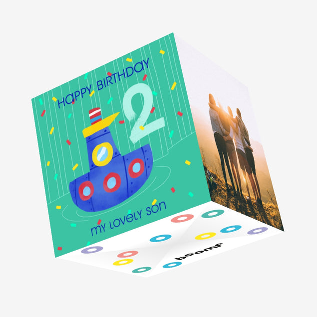 Cute Little Boat Happy 2nd Birthday Son Confetti-exploding Greetings Card