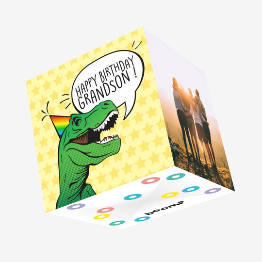 Happy Birthday Grandson Screaming Dino Confetti-exploding Greetings Card