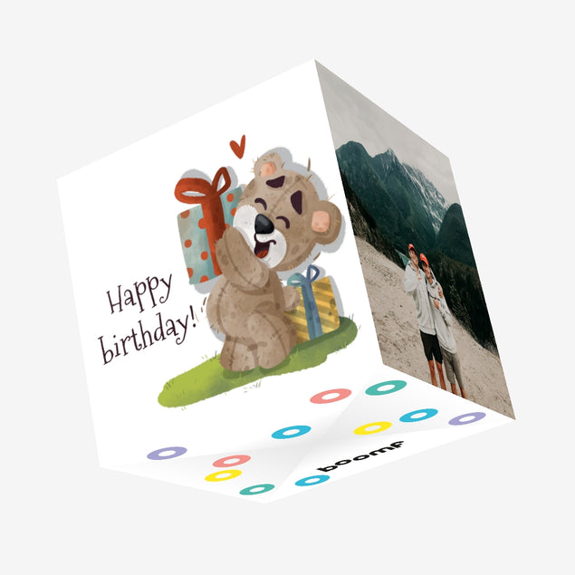 Cute Teddy Bear With Gift Happy Birthday Confetti-exploding Greetings Card