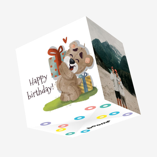 Cute Teddy Bear With Gift Happy Birthday Confetti-exploding Greetings Card