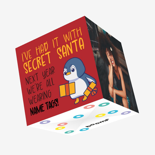 Next Year We're All Wearing Name Tags Angry Penguin Confetti-exploding Greetings Card