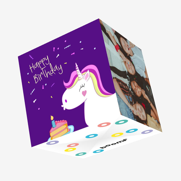Happy Birthday Cute Unicorn And A Piece Of Cake Confetti-exploding Greetings Card