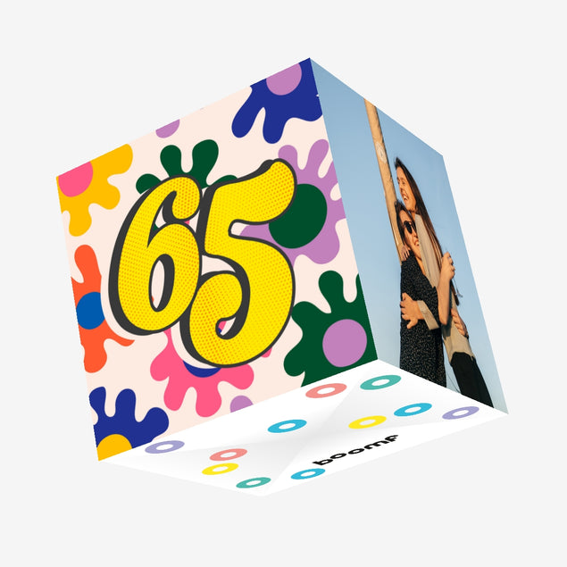 Pop Art Colorful Flowers Happy 65th Birthday Confetti-exploding Greetings Card