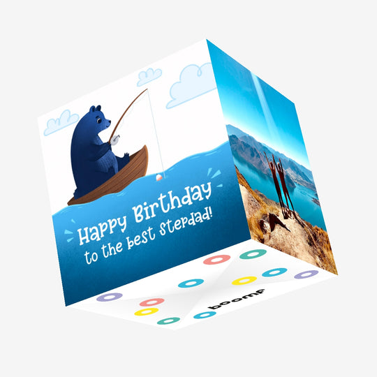 Blue Bear Fishing Happy Birthday Stepdad Confetti-exploding Greetings Card