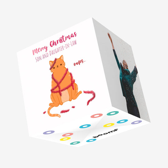 Merry Christmas Son And Daughter-in-law Cat With Tinsel Confetti-exploding Greetings Card