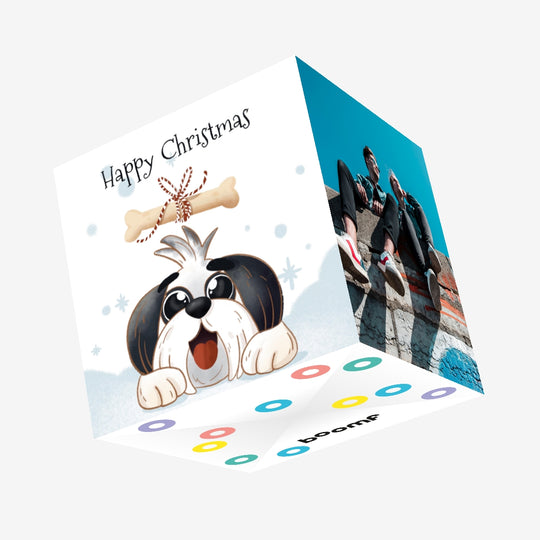 Happy Christmas Cute Shih-Tzu And A Bone Confetti-exploding Greetings Card