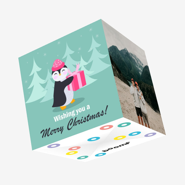 Merry Christmas Great Granddaughter Cute Penguin With A Gift Confetti-exploding Greetings Card