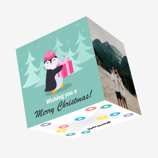 Merry Christmas Great Granddaughter Cute Penguin With A Gift Confetti-exploding Greetings Card