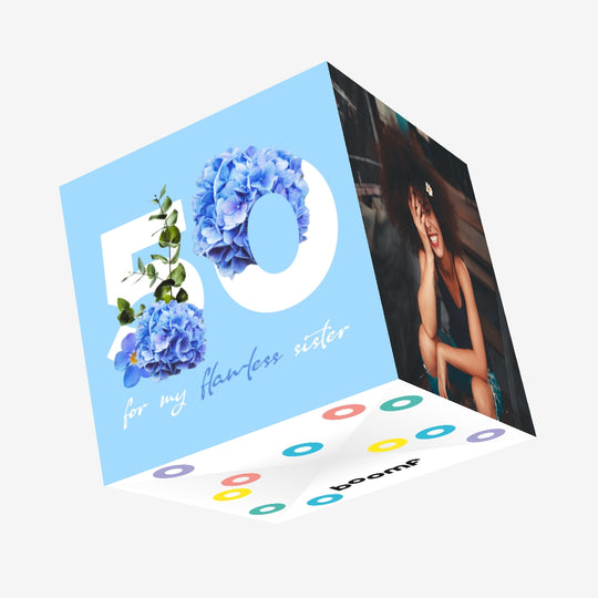 Simple Floral Blue Happy 50th Birthday Sister Confetti-exploding Greetings Card