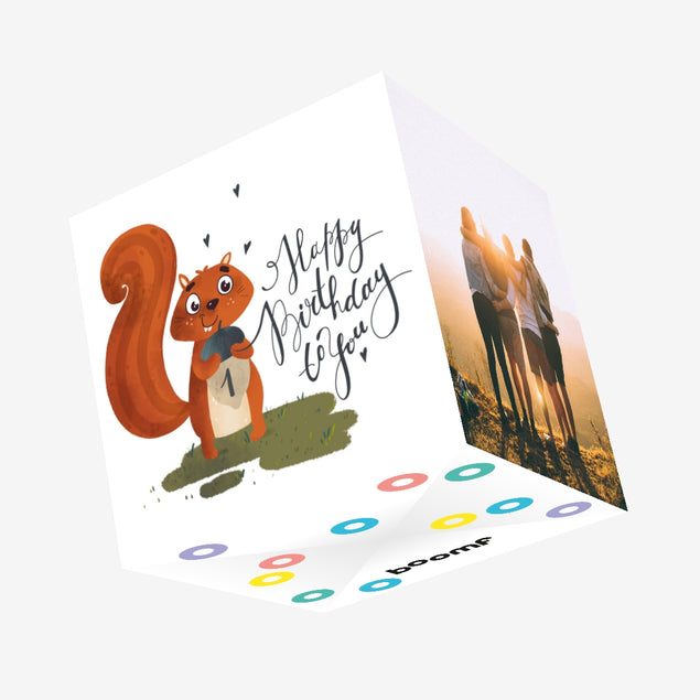 Happy 1st Birthday Cute Squirrel Holding An Acorn Confetti-exploding Greetings Card