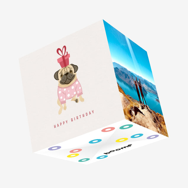 Pug With A Gift Happy Birthday Confetti-exploding Greetings Card